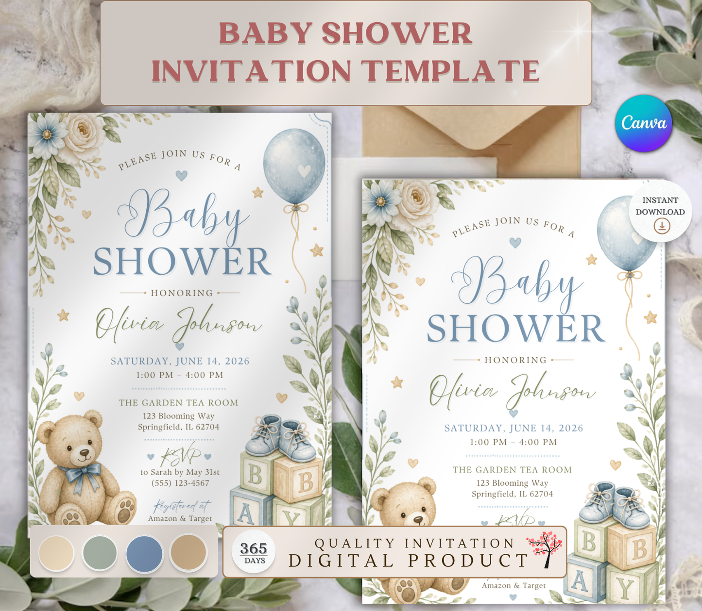Baby Shower Invitation Template | Editable Canva Baby Shower Invite Design Printable & Digital