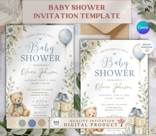 Baby Shower Invitation Template | Editable Canva Baby Shower Invite Design Printable & Digital