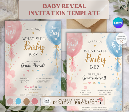 Baby Reveal Invitation Template | Editable Gender Reveal Party Invite Canva Template