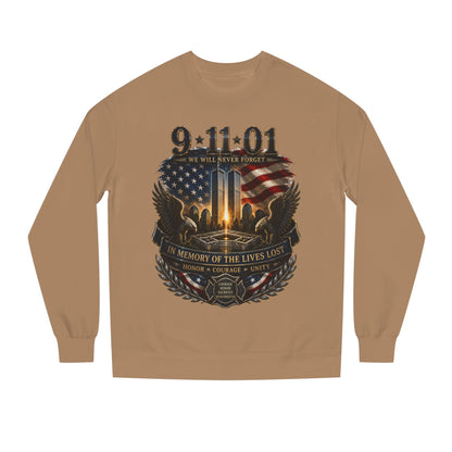 9/11 Memorial Sweatshirt - ‘We Will Never Forget’ Tribute Crewneck with Twin Towers & Flag