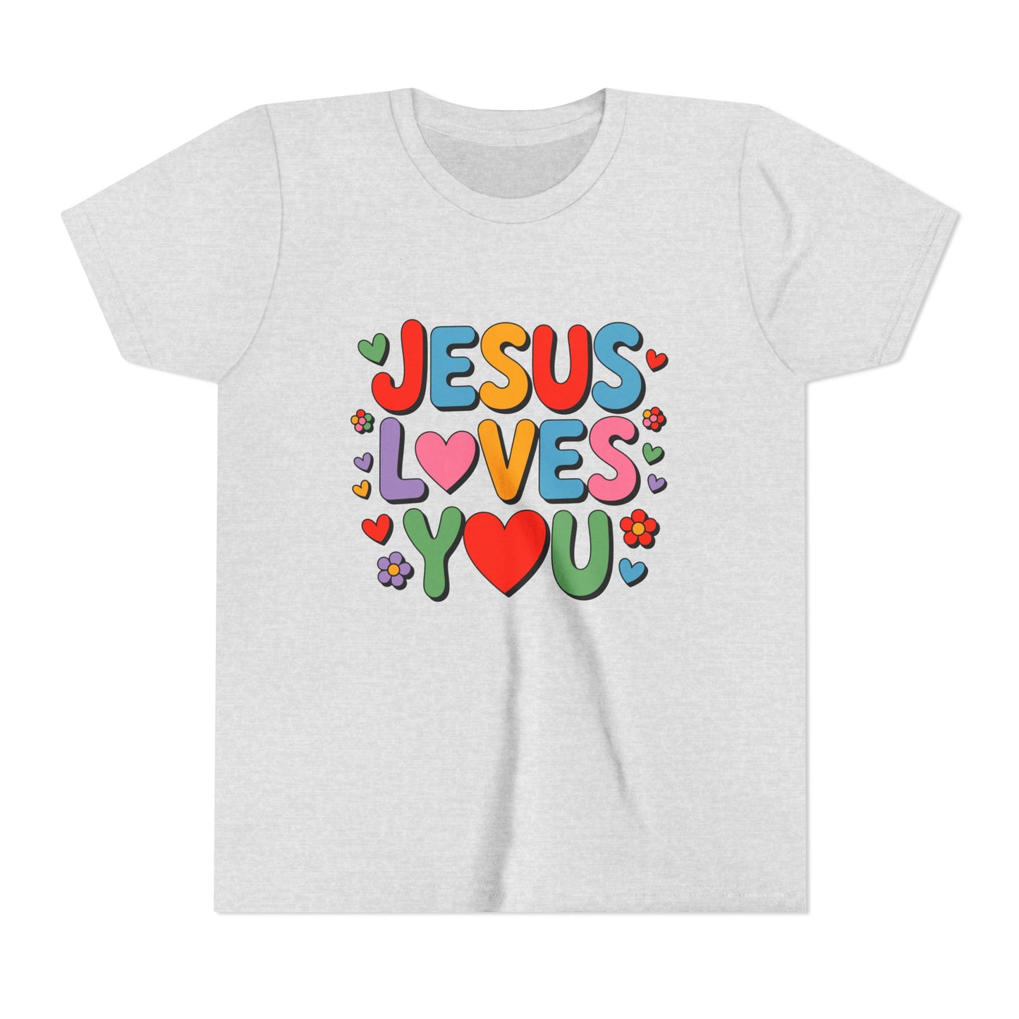 Youth Tee - "Jesus Loves You" Colorful Heart & Flower Christian Shirt