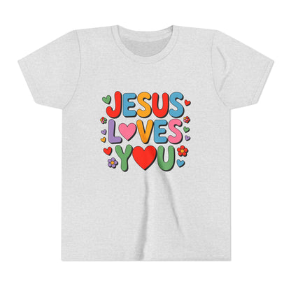 Youth Tee - "Jesus Loves You" Colorful Heart & Flower Christian Shirt
