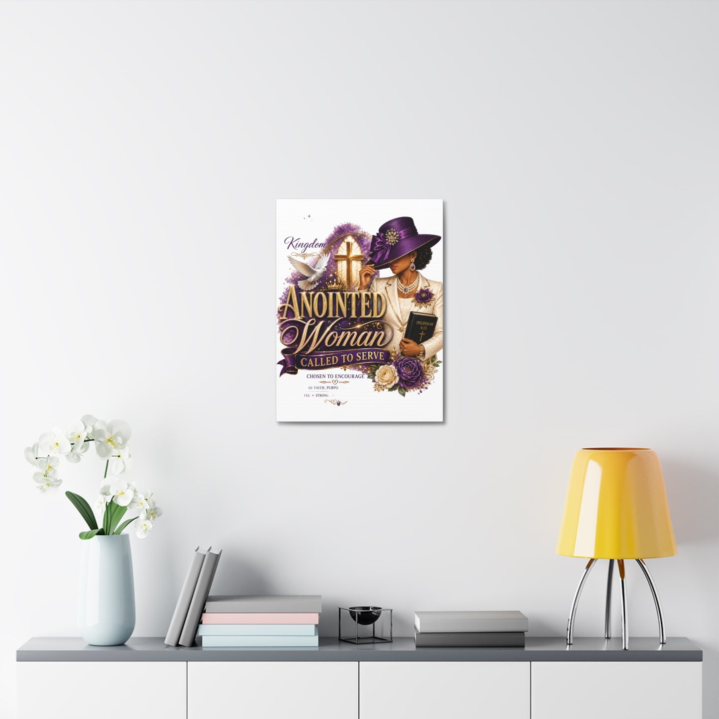 Anointed Woman Stretched Canvas — "Called to Serve" Faith Wall Art (Purple Hat & Bible)