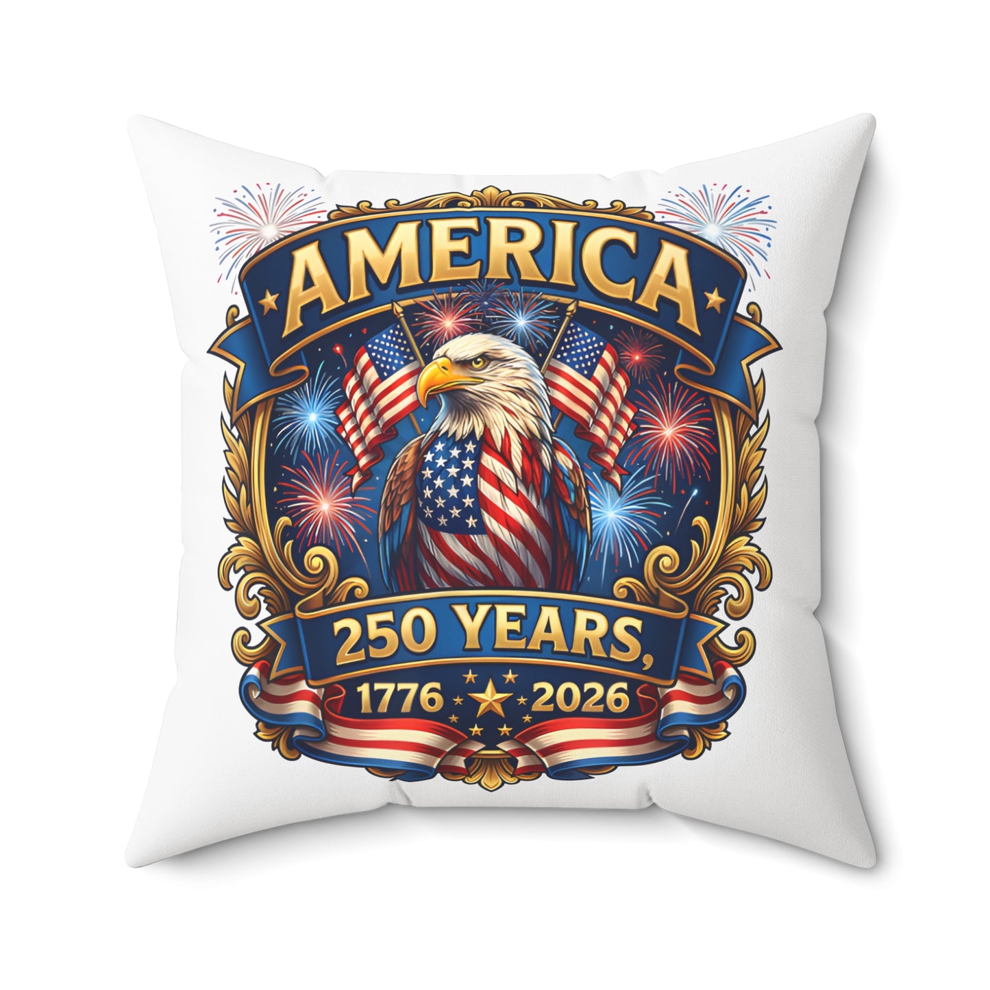 America 250th Anniversary Decorative Pillow — Eagle & Fireworks 1776–2026