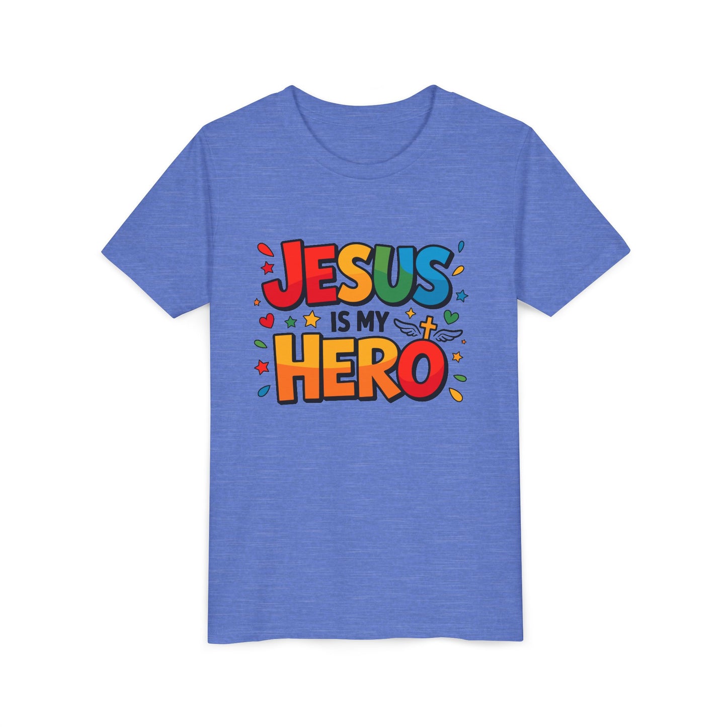 Youth Tee — "Jesus Is My Hero" Colorful Kids Christian T-Shirt