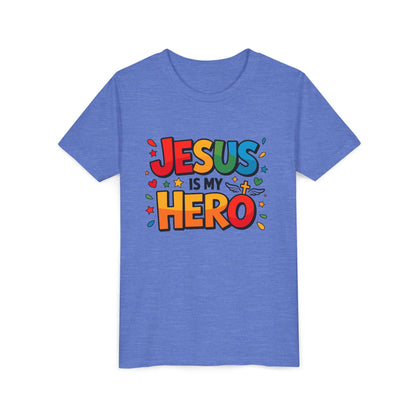 Youth Tee — "Jesus Is My Hero" Colorful Kids Christian T-Shirt