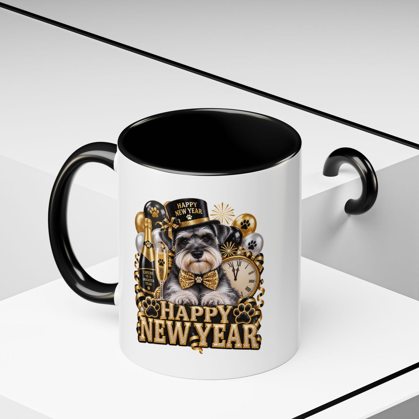 Happy New Year Dog Coffee Mug — Festive Black & Gold 11/15oz Accent Mug