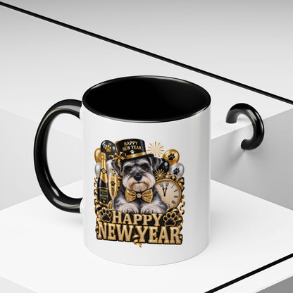 Happy New Year Dog Coffee Mug — Festive Black & Gold 11/15oz Accent Mug