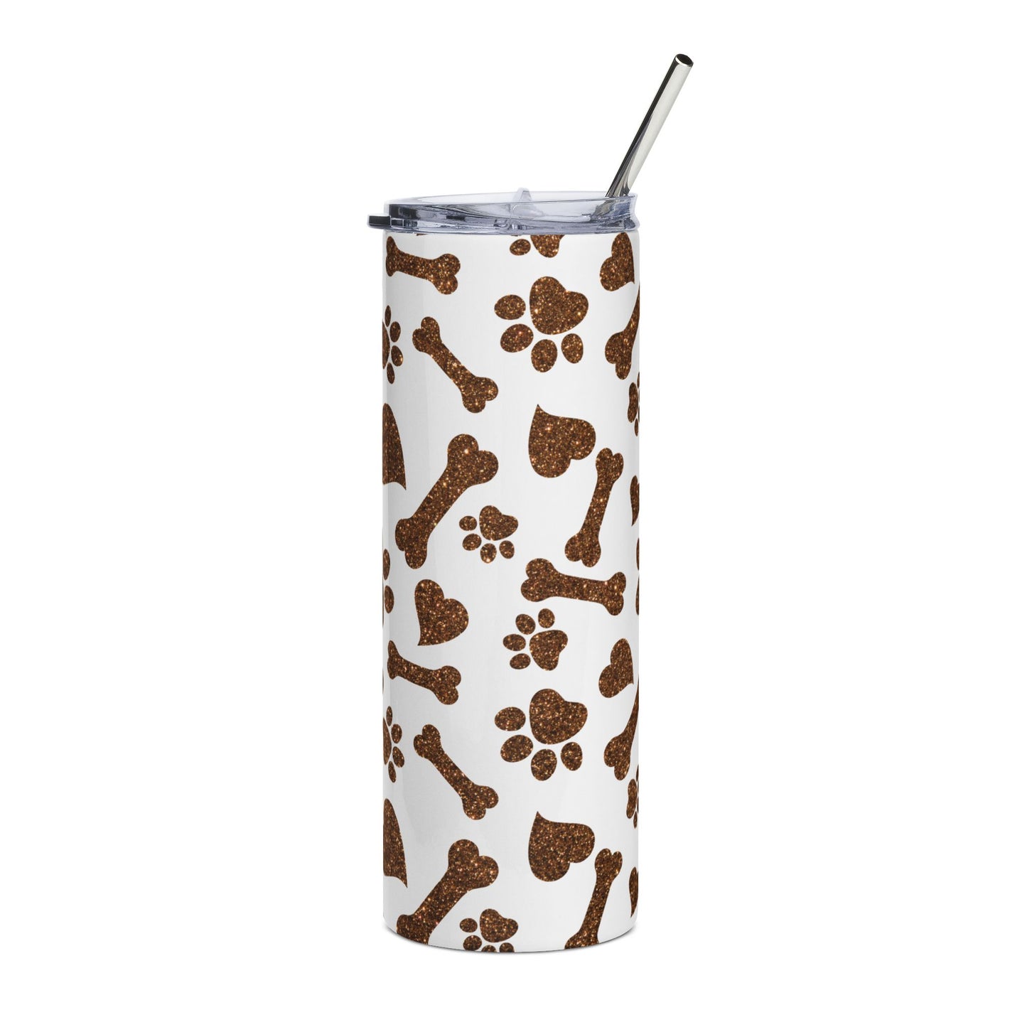 20oz Stainless Steel Tumbler — Brown Paw Prints & Bones Pattern