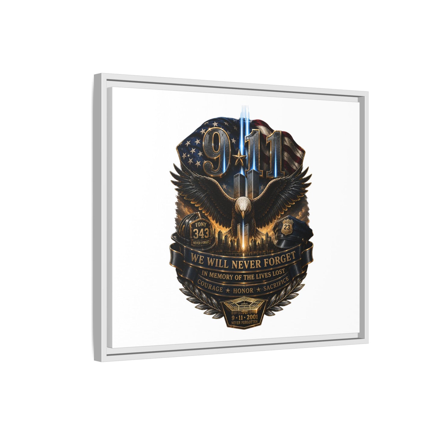 9/11 We Will Never Forget Matte Framed Canvas - Memorial Tribute Wall Art