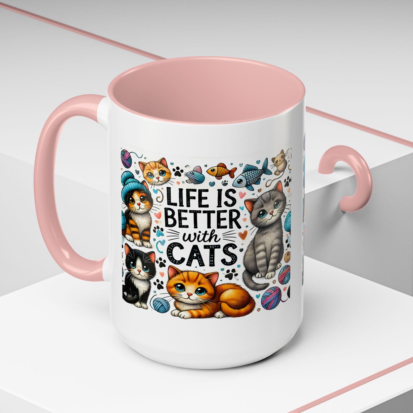 Life Is Better With Cats Accent Coffee Mug – Cute Kitten Ceramic Tea Cup (11/15oz)