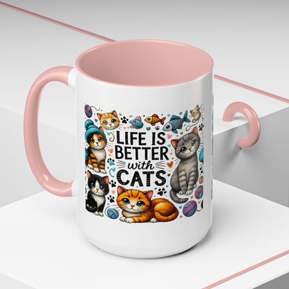 Life Is Better With Cats Accent Coffee Mug – Cute Kitten Ceramic Tea Cup (11/15oz)