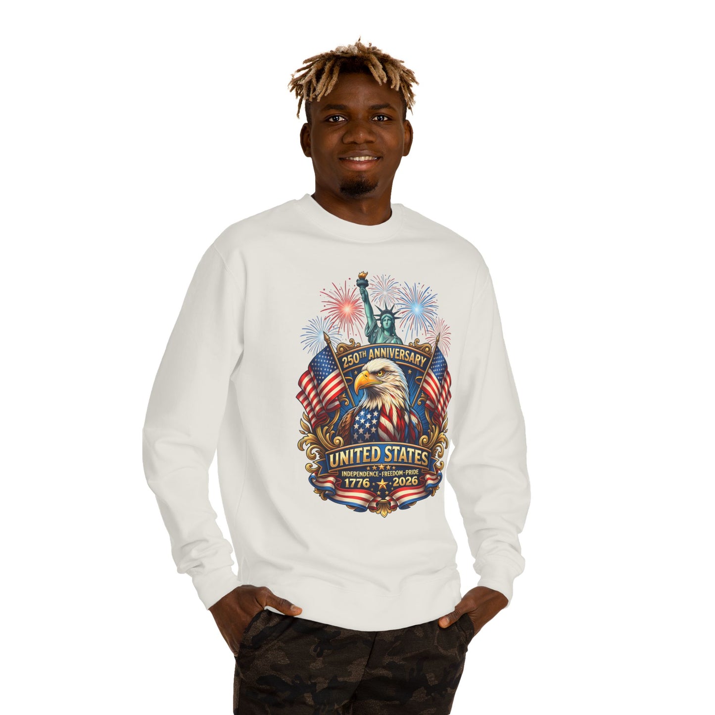 250th Anniversary United States Sweatshirt — Patriotic Eagle, Flags & Fireworks (1776–2026)