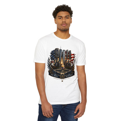 9/11 Never Forget Memorial T-Shirt — Tribute American Flag Skyline Tee