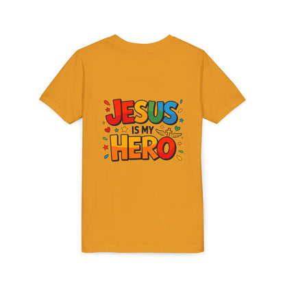 Youth Tee — "Jesus Is My Hero" Colorful Kids Christian T-Shirt