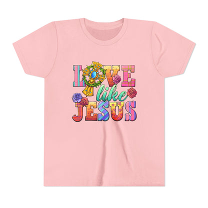 Youth Tee — "Love Like Jesus" Colorful Faith Graphic