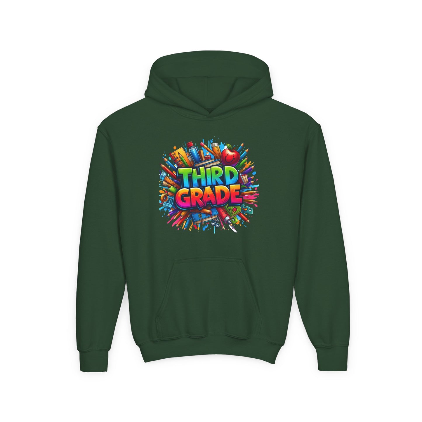 Third Grade Kids Hoodie — Colorful School Supplies Back-to-School Sweatshirt