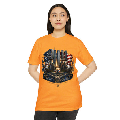 9/11 Never Forget Memorial T-Shirt — Tribute American Flag Skyline Tee
