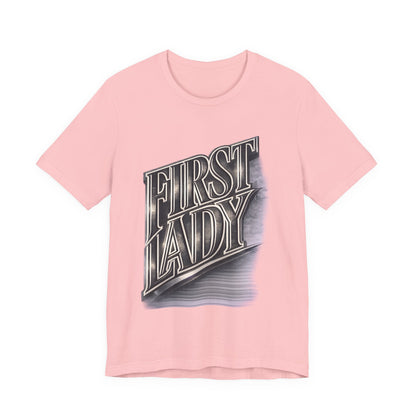 First Lady Graphic Tee — Retro Metallic Script Short Sleeve Shirt