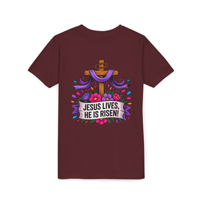 Youth Tee — "Jesus Lives, He Is Risen!" Easter Christian Tee