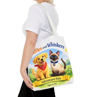 Waffles & Whiskers Adventure Pals Tote Bag — Cute Puppy and Kitten Kids Book Design