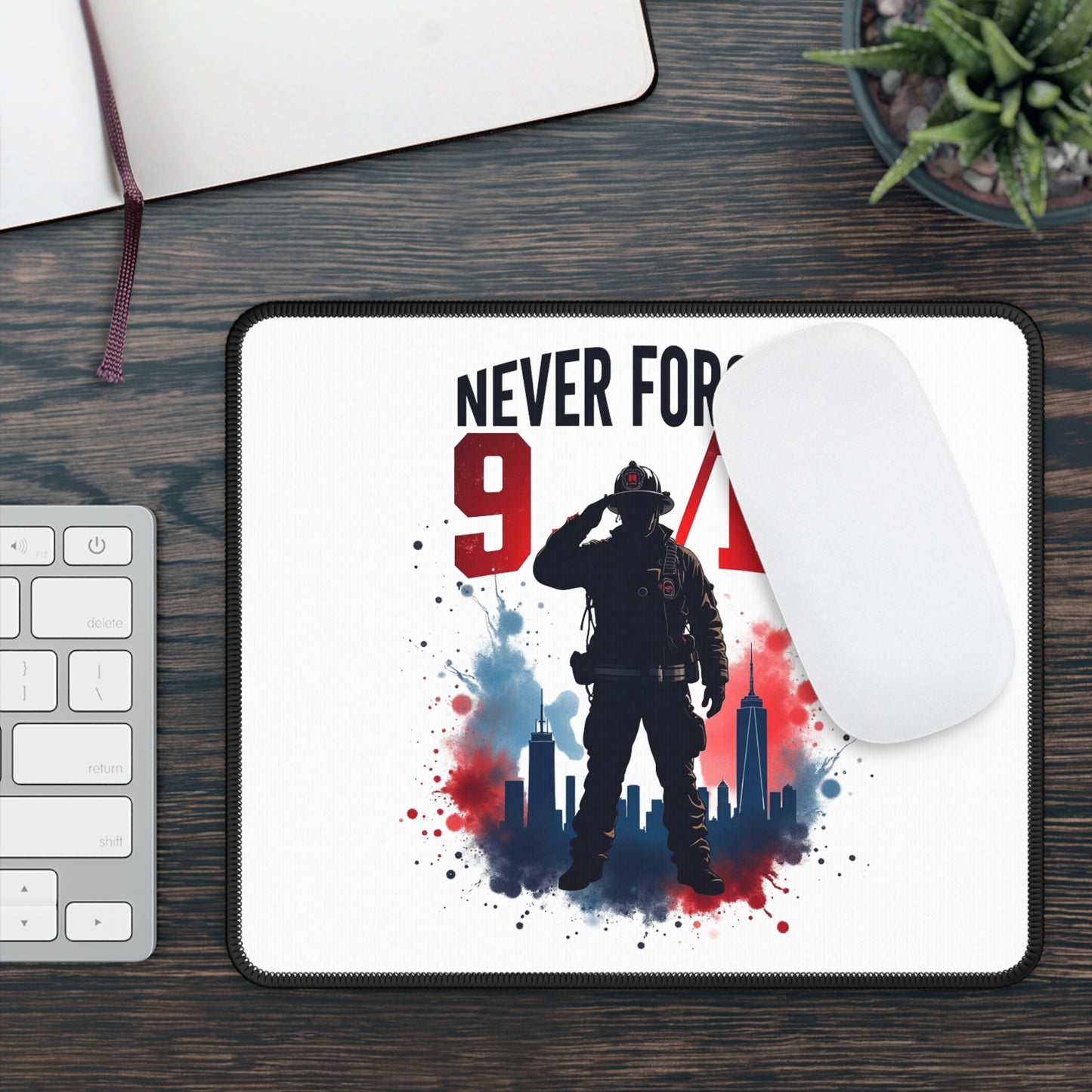 Never Forget 9/11 Remembrance Gaming Mouse Pad — Patriotic Firefighter Tribute