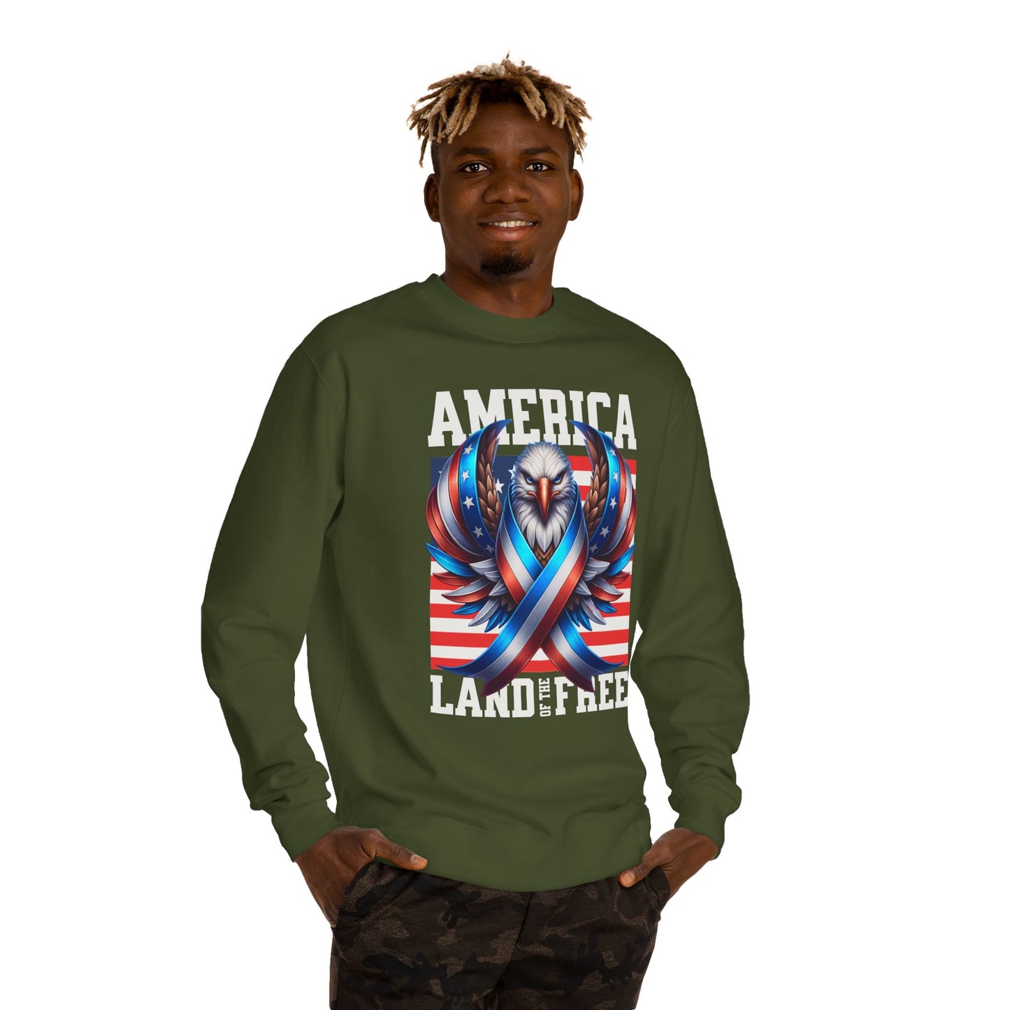 America Land of the Free Sweatshirt — Patriotic Eagle Ribbon Crewneck