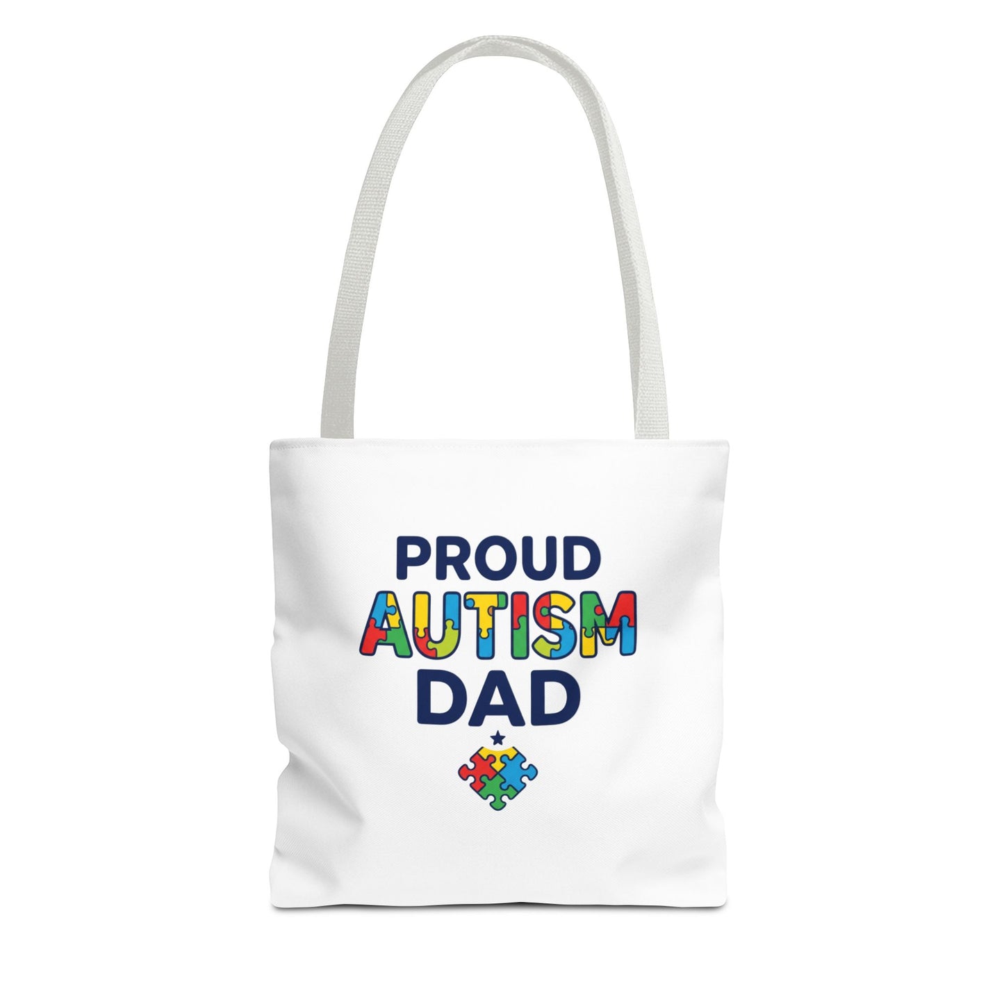 Proud Autism Dad Tote Bag — Colorful Puzzle-Heart Support Gift