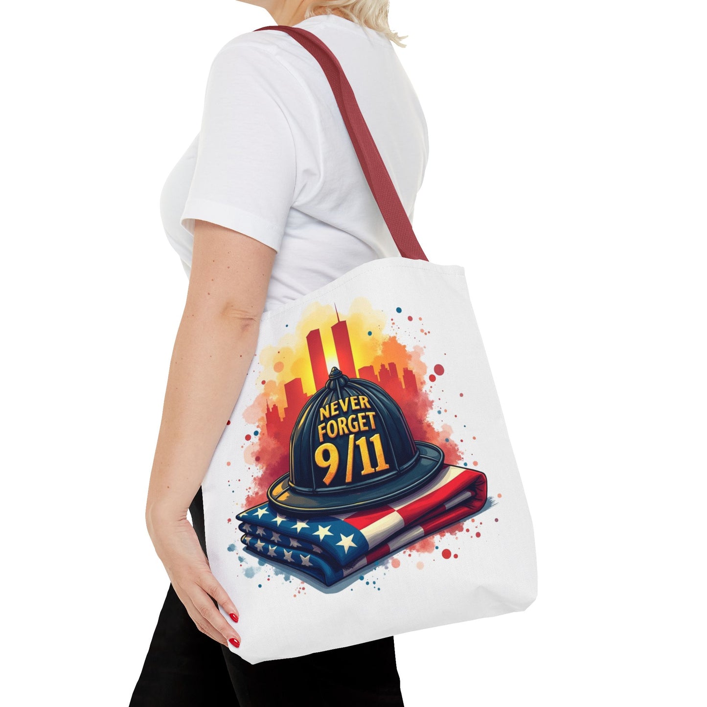 Never Forget 9/11 Memorial Tote Bag — Firefighter Helmet & Flag Tribute