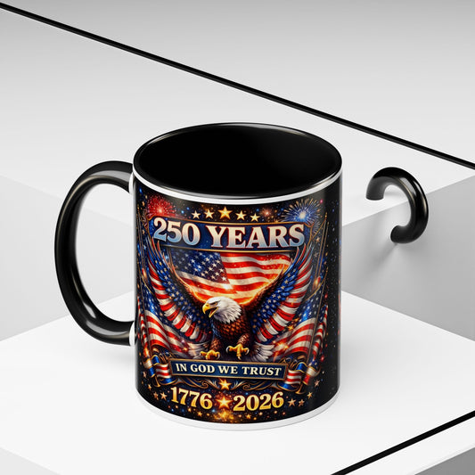 250 Years 1776–2026 Eagle American Flag Accent Coffee Mug — Patriotic Independence Day Gift (11/15oz)