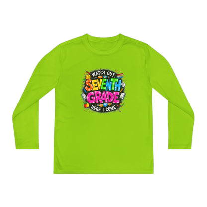 Seventh Grade Youth Long Sleeve Tee — "Watch Out Seventh Grade Here I Come" Back-to-School Shirt