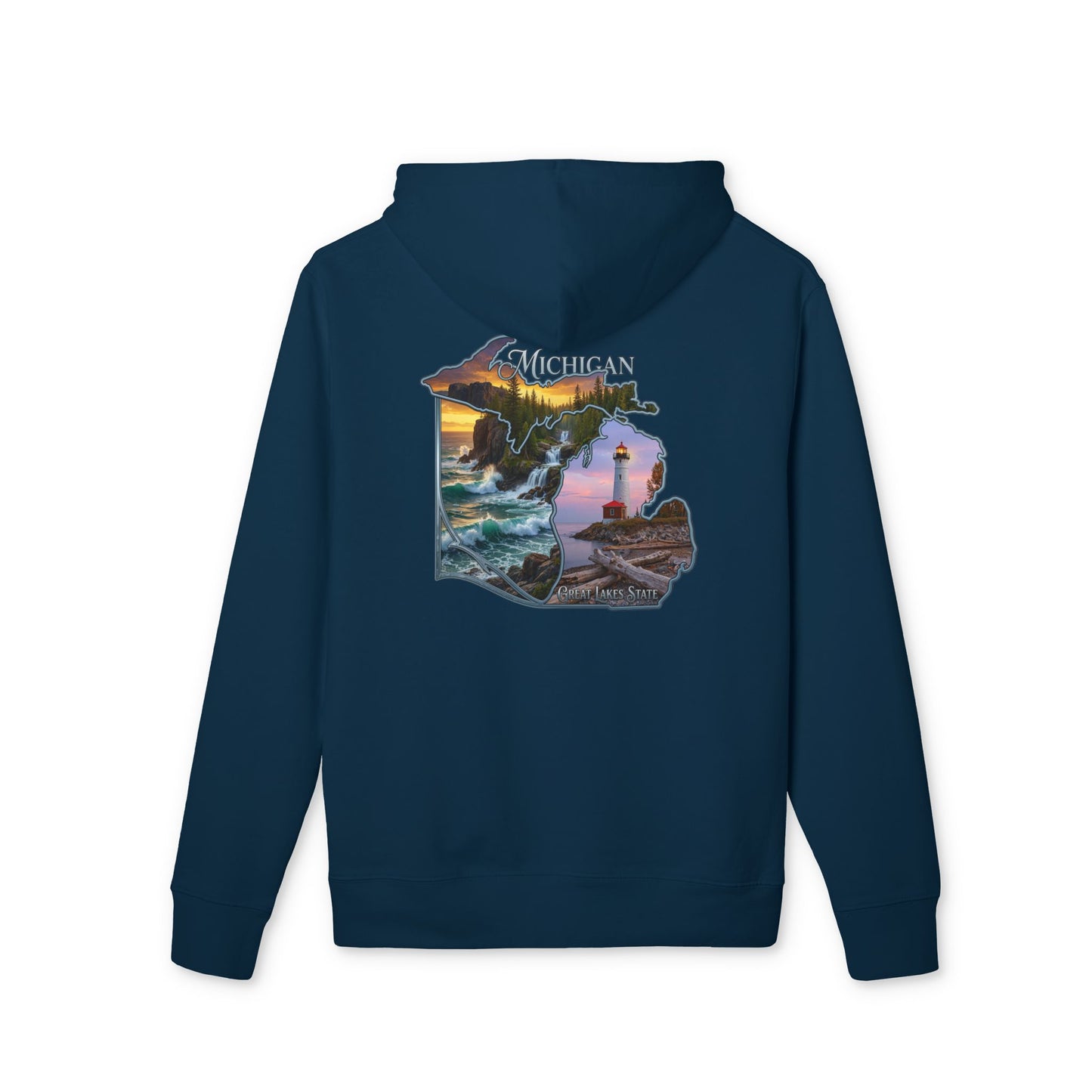 Michigan Lakeshore Hoodie — Scenic Lighthouse Sunset State Silhouette