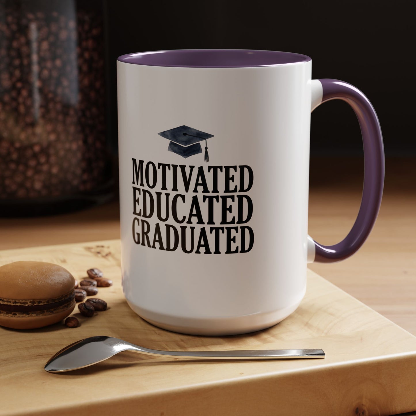 Graduation Coffee Mug – "Motivated Educated Graduated" Accent Ceramic Mug
