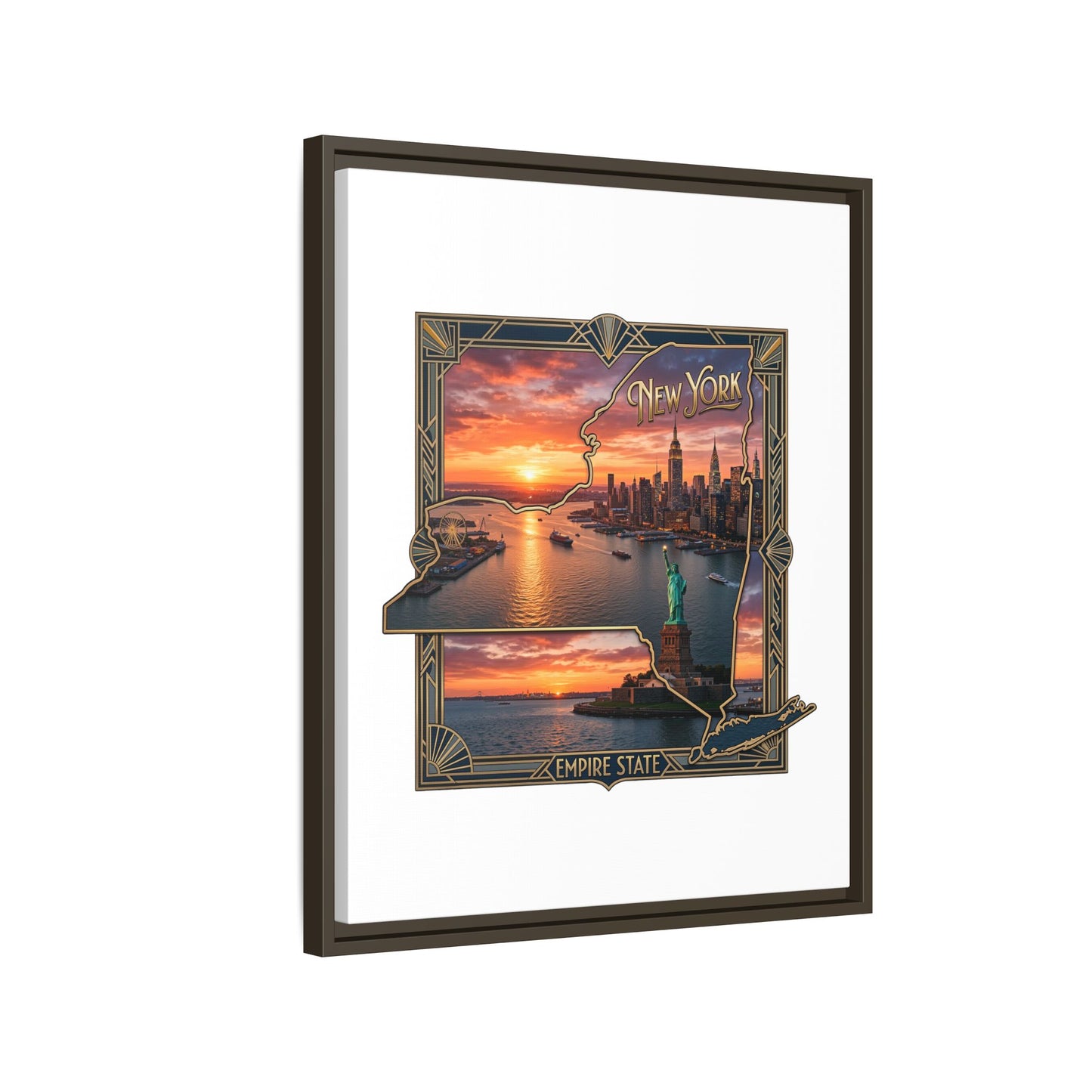 Framed Matte Canvas Wall Art — New York City Sunset Skyline with Statue of Liberty
