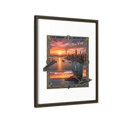 Framed Matte Canvas Wall Art — New York City Sunset Skyline with Statue of Liberty