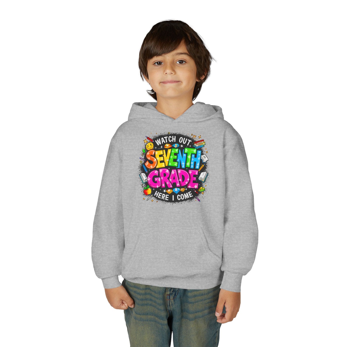 Seventh Grade Hoodie – "Watch Out Seventh Grade Here I Come" Colorful Back-to-School Youth Sweatshirt