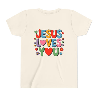 Youth Tee - "Jesus Loves You" Colorful Heart & Flower Christian Shirt
