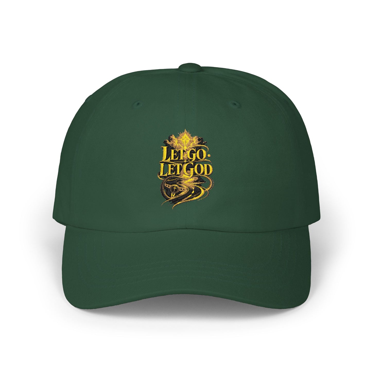 Dad Cap — Retro Gold 'Let Go Let God' Script Embroidery