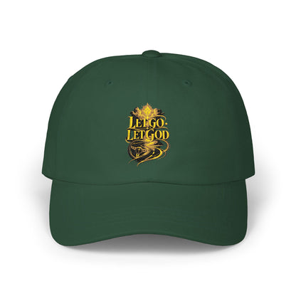 Dad Cap — Retro Gold 'Let Go Let God' Script Embroidery