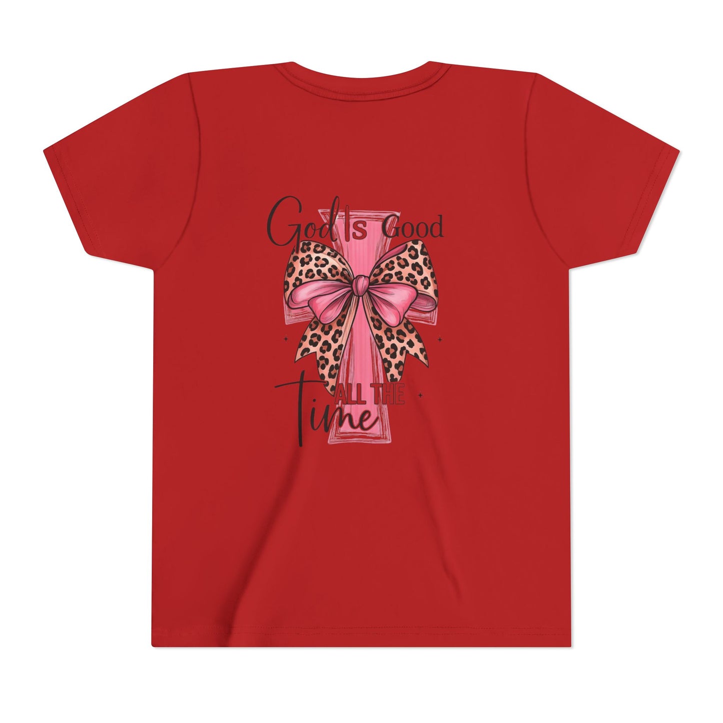 Youth Tee — "God is Good All the Time" Pink Cross with Leopard Bow