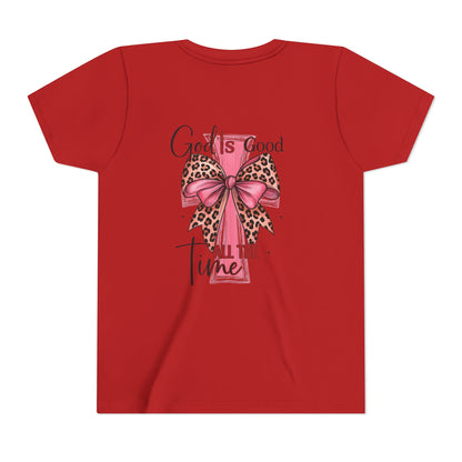 Youth Tee — "God is Good All the Time" Pink Cross with Leopard Bow