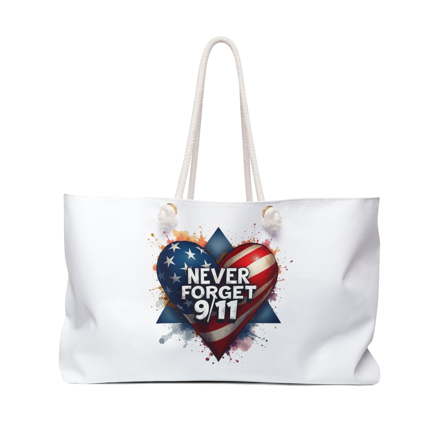 Never Forget 9/11 Weekender Bag — American Flag Heart Memorial Travel Tote