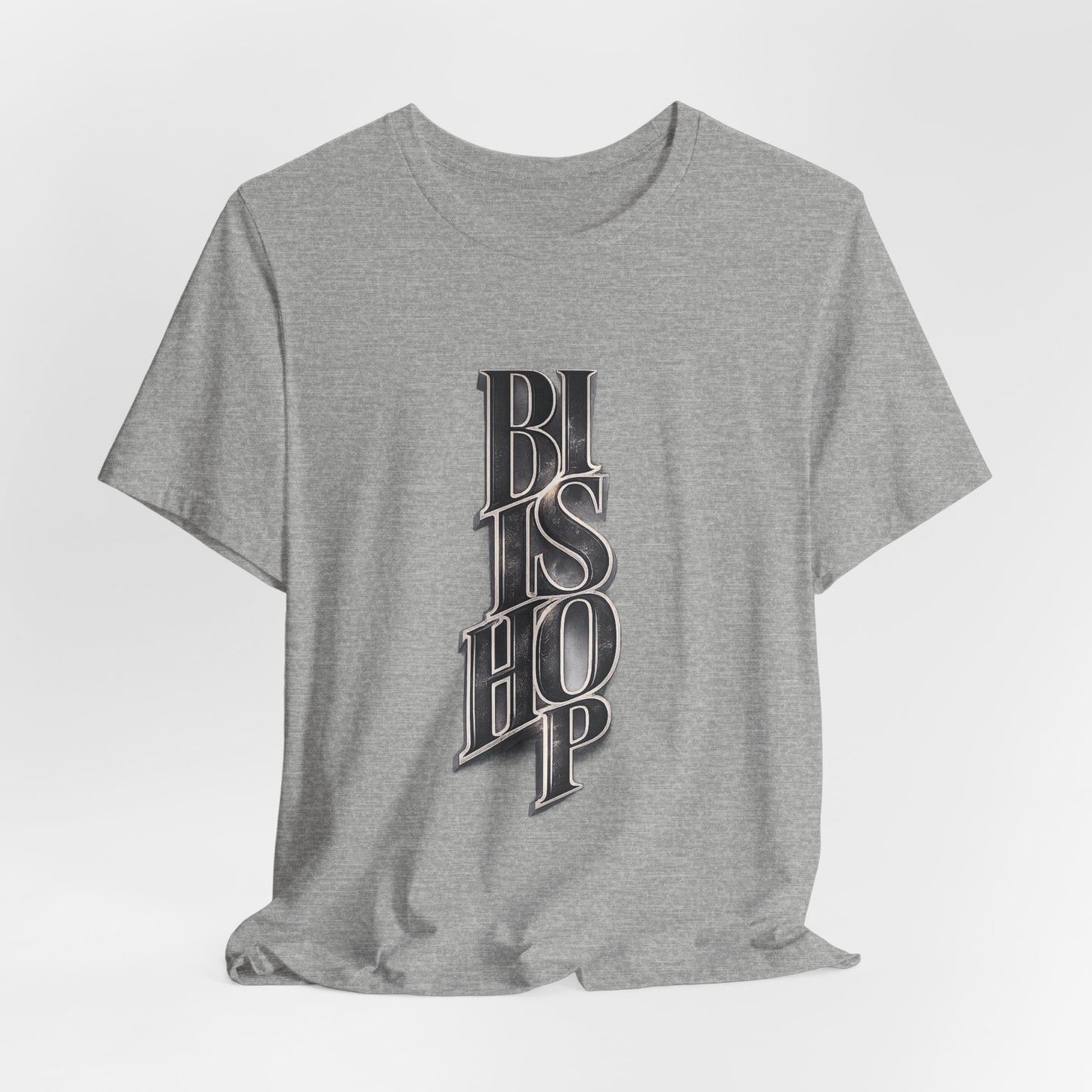 Bishop Vertical Script Tee — Vintage Gothic Lettering T-Shirt