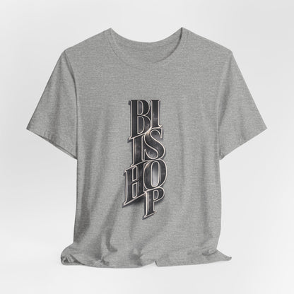 Bishop Vertical Script Tee — Vintage Gothic Lettering T-Shirt