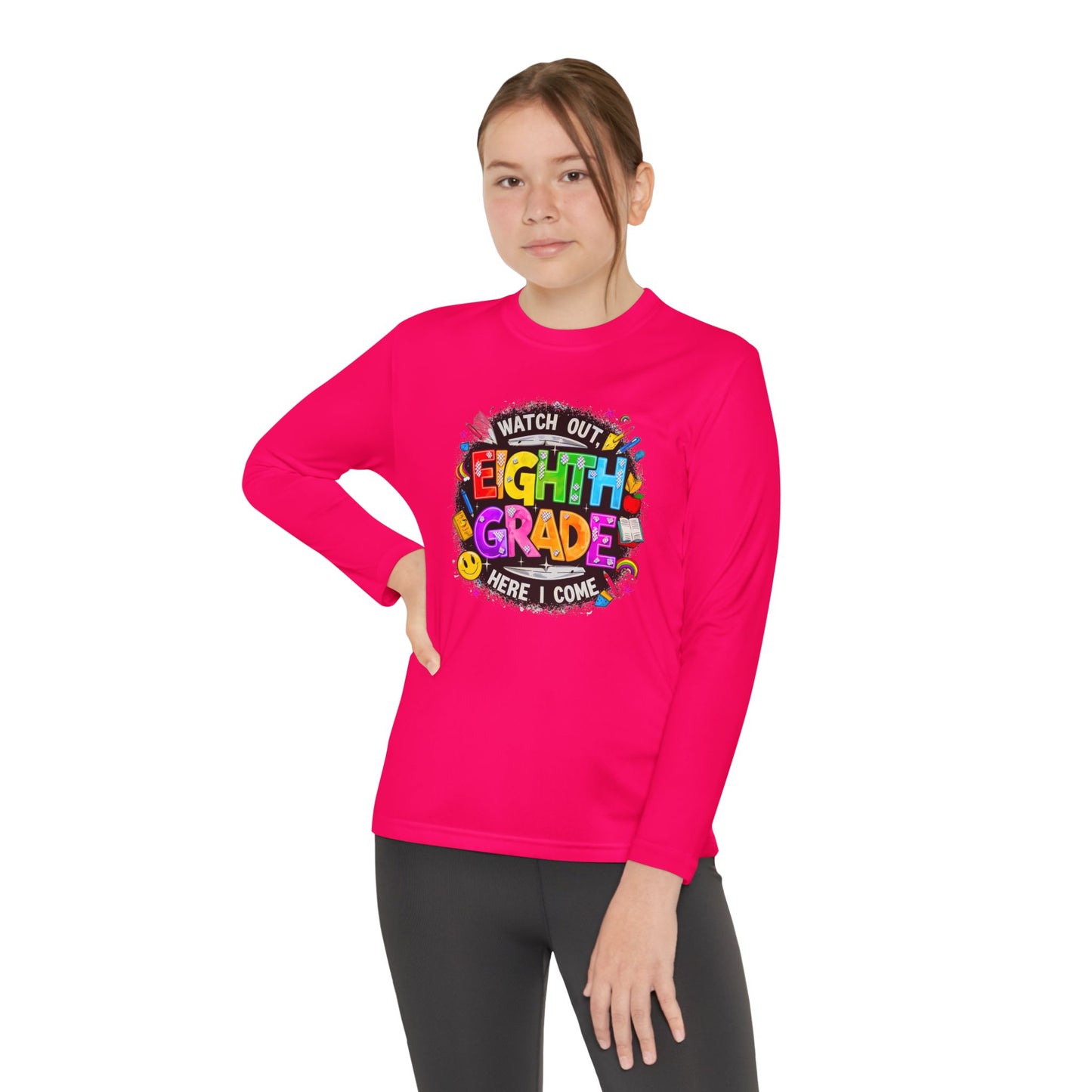 Eighth Grade Youth Long Sleeve Tee — “Watch Out Eighth Grade Here I Come” Back-to-School Shirt
