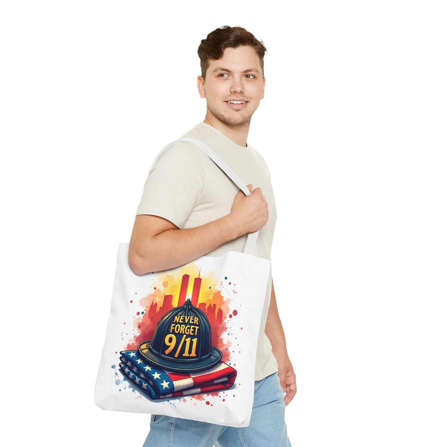 Never Forget 9/11 Memorial Tote Bag — Firefighter Helmet & Flag Tribute