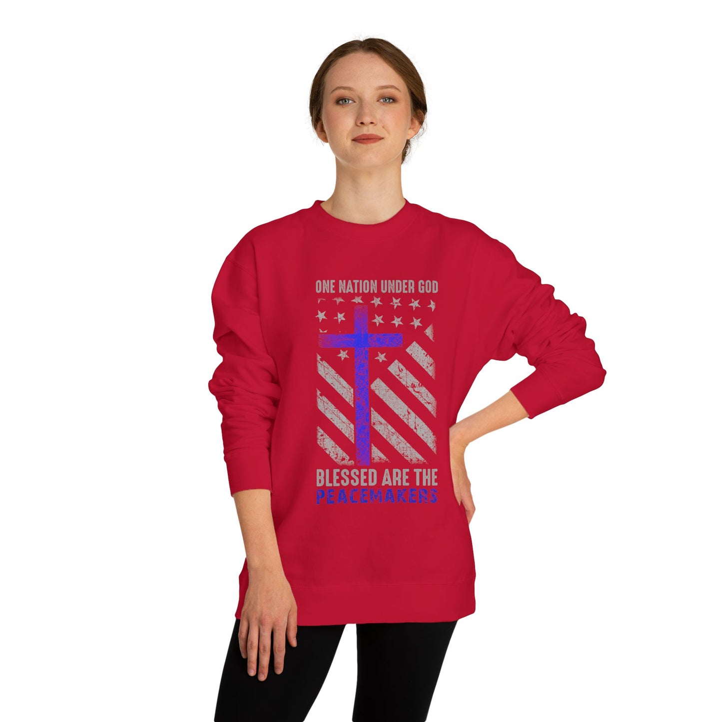 Blessed Are The Peacemakers Crewneck Sweatshirt — One Nation Under God Christian Flag Design
