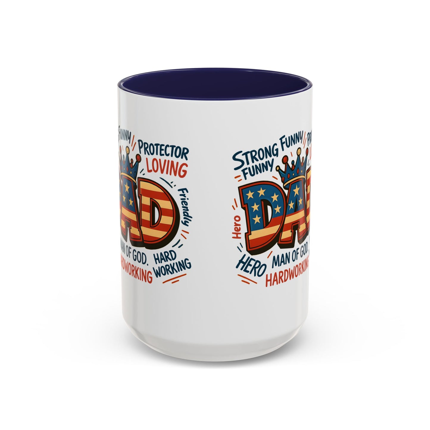 Dad Coffee Mug — Patriotic "DAD" Design with Loving, Hardworking, Protector Keywords (11/15oz Accent Mug)