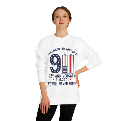 9/11 Remembrance Crewneck Sweatshirt — 25th Anniversary "We Will Never Forget"
