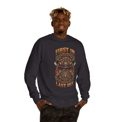 Firefighter Crewneck Sweatshirt — "First In, Last Out" Vintage Fire Department Design